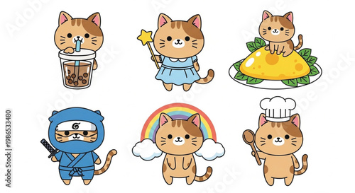 Cute kawaii cat characters vector set with funny kitten mascot in different costumes and activities for stickers