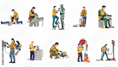 Collection of vector illustrations featuring workers and technicians using advanced robotics, exoskeletons, and high-tech tools in various industrial and rescue scenarios.