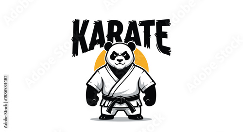 Illustration of a determined panda character wearing a white karate gi and a black belt standing in front of a yellow sun with karate text.