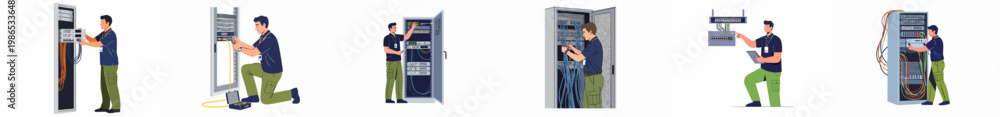Fototapeta premium Set of illustrations depicting male network technicians installing, maintaining, and managing equipment in server racks and data centers.