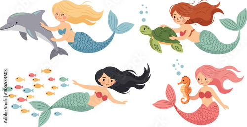 Cute Mermaid Cartoon Set with Sea Girls Swimming with Dolphin Turtle Fish and Seahorse Underwater Fantasy Illustration Collection