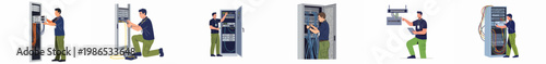 Set of illustrations depicting male network technicians installing, maintaining, and managing equipment in server racks and data centers.