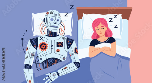 Conceptual illustration of a young woman and a white robot with gears sleeping side by side in a bed under a blue blanket in a peaceful bedroom.