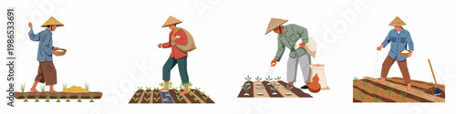 Illustration set of traditional Asian farmers in conical hats planting and sowing seeds in agricultural fields