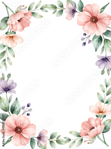 elegant Ukrainian wedding floral border, delicate folk inspired flowers and leaves, soft pastel palette, white background, airy composition, luxury invitation style, large copy space