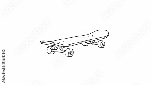 Clean and simple line drawing of a skateboard on a white background, representing extreme sports and urban culture