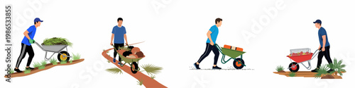 Set of four illustrations showing men working in gardens and farms, pushing wheelbarrows filled with plants, mulch, tools, and harvested fruit.