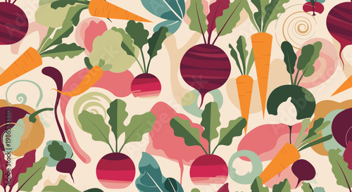 Seamless pattern of vegetables like carrots beets and leafy greens in earthy tones on a light background for healthy food themes.