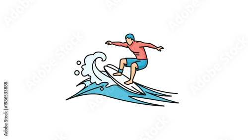 Dynamic illustration of a person riding a surfboard on a vibrant blue ocean wave, showcasing the exhilarating experience and active lifestyle of watersports