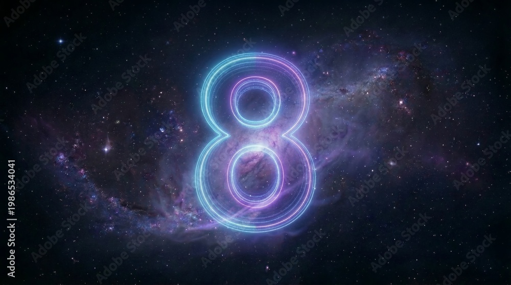 Obraz premium Vibrant number eight glowing brightly against a cosmic space galaxy background