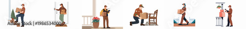 Set of flat vector illustrations depicting delivery service couriers delivering packages and boxes to residential doorsteps and porches.