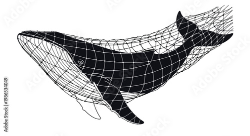 Black and white illustration of a large whale entangled in a fishing net depicting ocean pollution and wildlife danger.