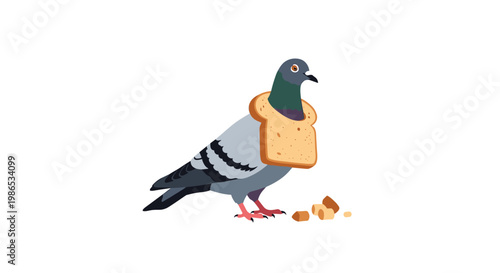 Funny illustration of a common pigeon wearing a slice of white bread like a collar standing on a white background.