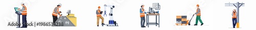 Set of industrial workers performing various tasks including operating machinery, controlling robots, and handling logistics in a factory or warehouse setting.
