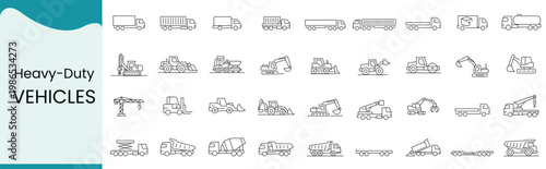 Heavyduty vehicles line icons set collection of construction, transportation, and industrial machinery vector illustrations