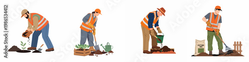 Set of four garden workers in safety vests planting, digging, and raking soil, flat vector illustration on a white background.