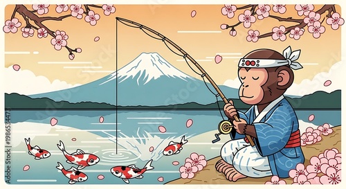 A Focused Monkey Fishing by Mount Fuji with Cherry Blossoms.