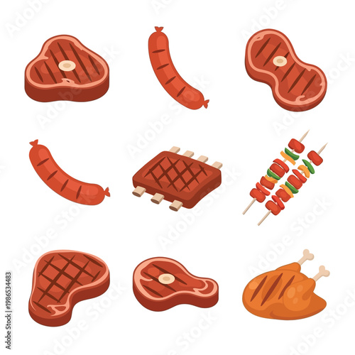 A vibrant collection of various grilled meats and barbecue items, featuring steaks, sausages, ribs, chicken, and a vegetable skewer.