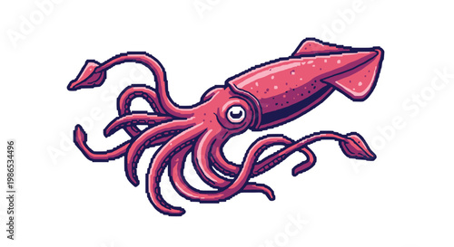 Detailed pixel art illustration of a red squid with many tentacles swimming against a plain white background.