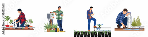 A set of flat illustrations showing male farmers or workers managing modern irrigation systems, sensors, and agricultural equipment for plants and saplings.