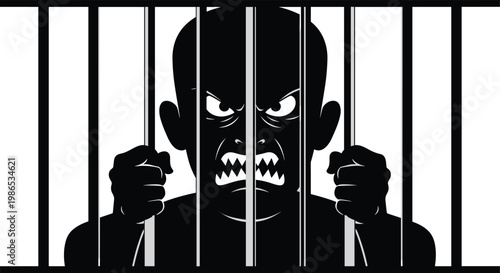 Silhouette illustration of a man with an angry expression gripping prison bars symbolizing incarceration and criminal justice.
