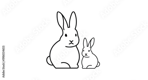 Simple black and white line art illustration of a mother rabbit and her small bunny sitting side by side on a white background.