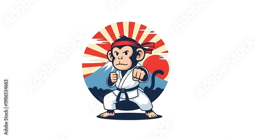 Karate Monkey Warrior with Rising Sun and Mount Fuji.
