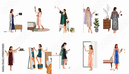 Collection of flat illustrations showing women in elegant sleepwear interacting with various smart home technology devices for a modern lifestyle and home automation.