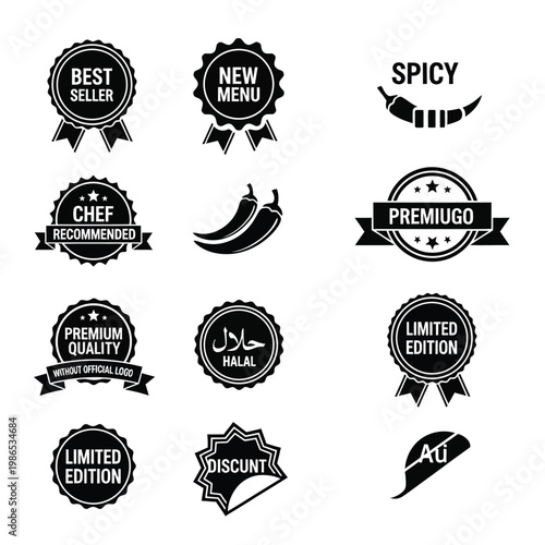 A collection of black and white food and quality badges, labels, and icons for restaurants and menus.