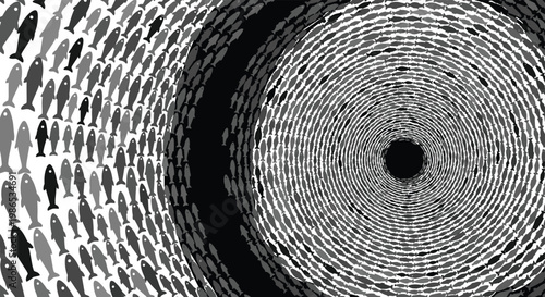 Hypnotic monochrome illustration of hundreds of fish swimming in a dense circular spiral or vortex pattern in the ocean.