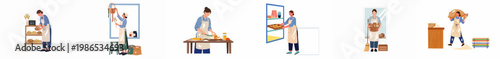 Set of flat vector illustrations showing a professional female baker performing various tasks in an artisanal bakery setting.