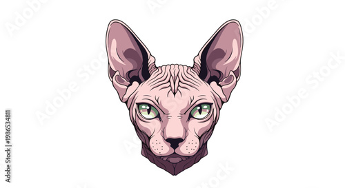 Realistic vector illustration of a hairless Sphynx cat head with green eyes and distinctive wrinkles on a white background.