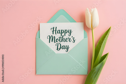 White tulip and happy mother's day card in mint green envelope on pink background