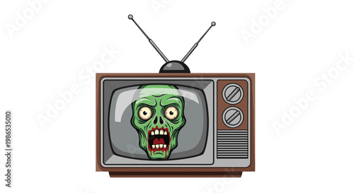 Creepy illustration of a green zombie head with glowing eyes and an open mouth appearing on a retro television screen.