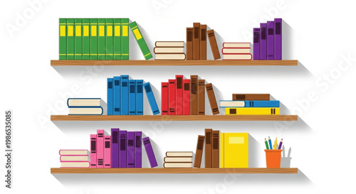 Isometric floating wooden bookshelves vector with geometric books for modern library design
