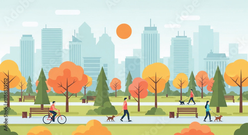 Isometric city park vector illustration with people exercising and urban skyline background in flat style