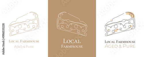 Cheese wedge logo set in minimalistic continuous line art style. Variety of hand drawn dairy slice icons for branding. Isolated on white and beige background horizontal vector illustration