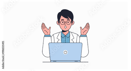 A man with glasses and a white lab coat looks surprised with raised hands behind a blue laptop on a white background.