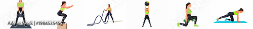 A collection of flat vector illustrations featuring a fit woman performing various gym exercises including box jumps, kettlebell swings, and lunges on white.