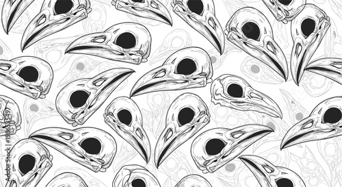 Intricate seamless pattern of white bird skulls with large black eye sockets repeating on a white background for gothic art.