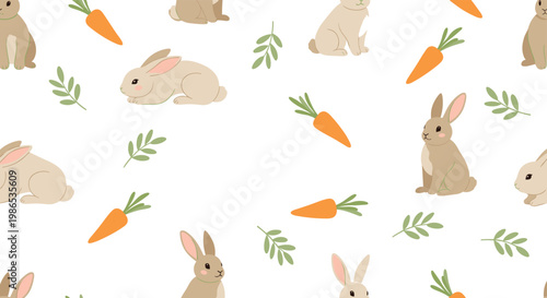 Charming seamless pattern of cute brown bunnies, orange carrots, and green leaves repeating on a white background for kids.