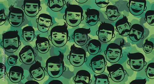 Unique seamless pattern of various smiling male faces with different hairstyles and mustaches on a green camouflage background.