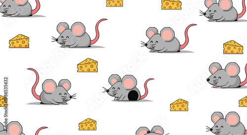 Adorable pixel art pattern of small gray mice and slices of yellow swiss cheese repeating on a white background for nursery.