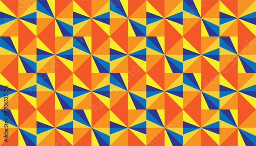 Modern geometric seamless pattern with colorful triangles and kaleidoscopic abstract shapes.