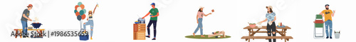 Collection of illustrated people enjoying outdoor summer activities such as grilling, playing yard games, and picnicking at a barbecue or tailgate party.