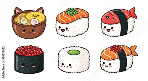 Kawaii Japanese food vector set with cute sushi ramen and maki characters in flat cartoon style for kids menu