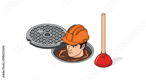 Isometric illustration of a plumber or worker in an orange hard hat emerging from a manhole next to a large red plunger.