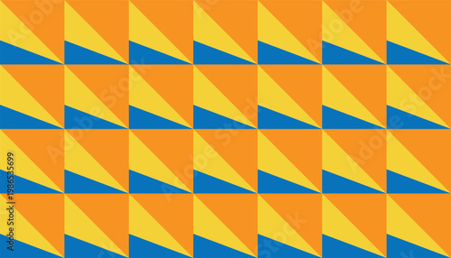 Seamless geometric triangle pattern in vibrant orange, yellow and blue, abstract flat vector background