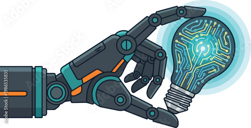 Robotic Hand Holding Glowing Circuit Lightbulb Innovation Concept