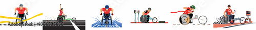 Flat vector illustration set showcasing wheelchair racing athletes in various competition scenes, including crossing the finish line and intense race action.